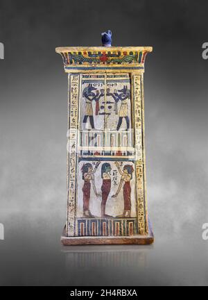 Ptolemaic Egyptian funerary box of Djedhor, 200-30 BC. Louvre N2644 or 295. Decoration:  1st register; mirror image of god  Anubis, god with dog's hea Stock Photo