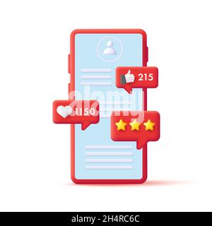 3d render illustration of a red smartphone with profile page and push notifications about likes and raiting of stars, isolated Stock Vector