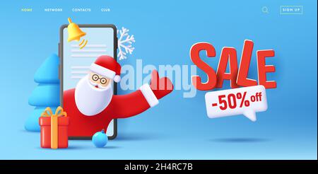 Advertising Christmas banner with 3d illustration of big smartphone with Santa Claus coming out of it with gift box, sale discounts message Stock Vector
