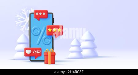 Smartphone 3d render illustration with percent sign and push notifications with likes, gift box and white Chrstmas trees landscape Stock Vector