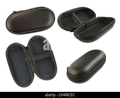 Elegant shiny leather case from different angles isolated on white background. Classic protective casing design Stock Photo