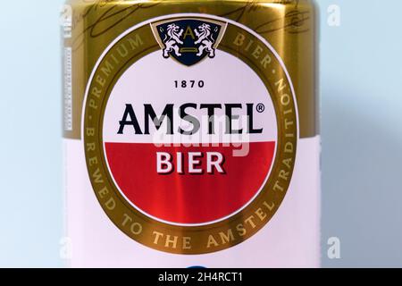 Tyumen, Russia-October 15, 2021: Amstel beer can non alcoholic. Copy space Stock Photo