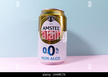 Tyumen, Russia-October 15, 2021: Amstel beer can non alcoholic. Copy space Stock Photo