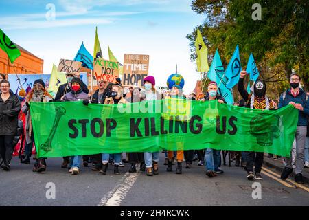 Glasgow, Scotland, UK. 4th November 2021. Day 5 of the UN Climate Change Conference in Glasgow saw demonstration by Extinction Rebellion protest group outside BAE  Systems yard at Govan. They protested against the UK arms trade.  Iain Masterton/Alamy Live News. Stock Photo