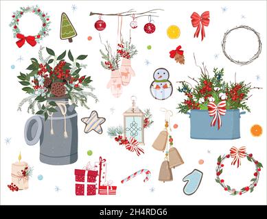 Christmas collection of decorative winter elements. Bouquets of laurel, spruce branches, red berries, wreaths, gingerbread. Perfect for scrapbooking, Stock Vector