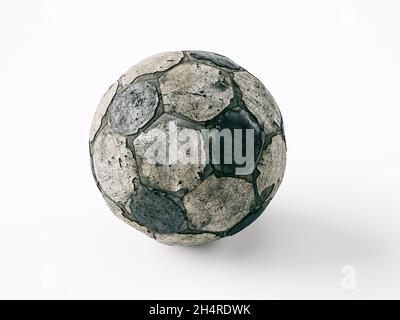 Old, torn, dirty and damaged soccer or football ball isolated on white background Stock Photo