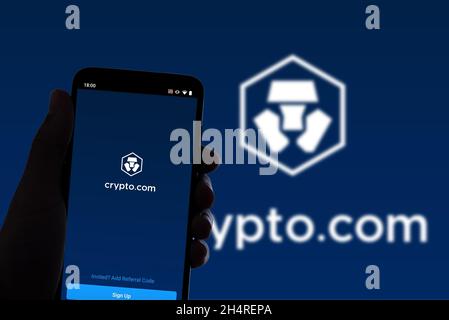 In this photo illustration the cryptocurrency wallet Crypto website is seen on the screen of a mobile phone in Barcelona, Spain on November 4, 2021. Stock Photo
