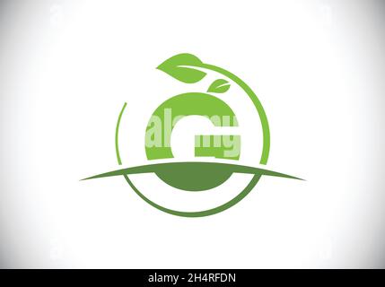Initial G monogram alphabet with circle leaf and swoosh. Eco-friendly logo concept. Font emblem. Modern vector logo for ecological business Stock Vector