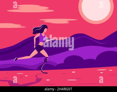 Running girl with prosthetic leg, vector art Stock Vector