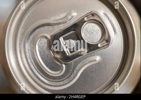 Closeup of the top of an aluminium craft beer can with pull tab. Stock Photo