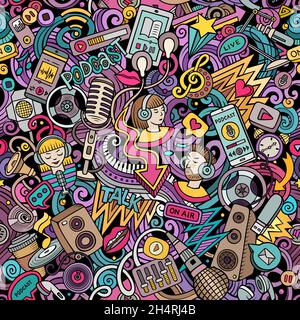 Cartoon doodles Audio content seamless pattern. Backdrop with podcasts and audiobooks symbols and items. Colorful background for print on fabric, text Stock Vector