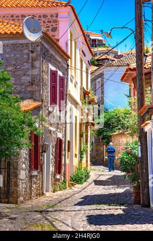 Famous old town of Molyvos, Lesvos island, Greece. Stock Photo