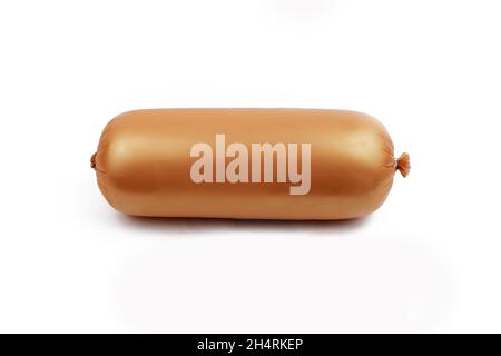 boiled sausage in an artificial shell, isolated on a white background. Stock Photo