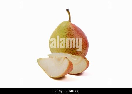 pear and pear pieces side by side, isolated on a white background. Stock Photo