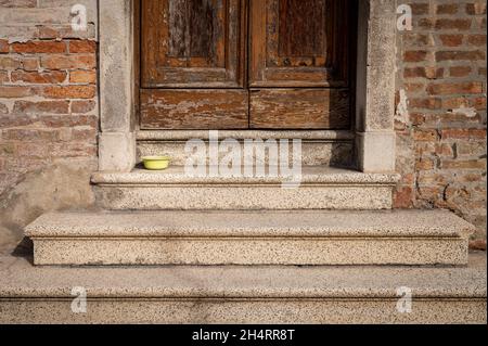 Small pot standing on the stairs of an old house in Venice (Italy), cloudy day in autumn Stock Photo