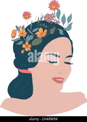 Psychology awareness consciousness psychiatry or mental health concept.Isolated vector illustration face of relaxed smiling female woman with flowers Stock Vector