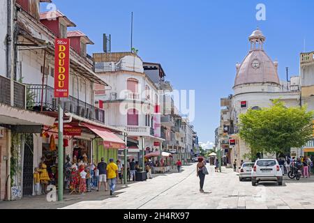 Shops in the old French colonial city centre of Pointe-à-Pitre, Grande-Terre at Guadeloupe, Lesser Antilles in the Caribbean Sea Stock Photo