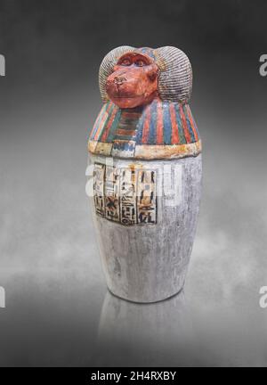 Ancient Egyptian canopic jar depicting the baboon Hapi, 1064-644 BC 3rd Intermediate period, painted wood, Louvre Museum inv N2952B.Inscribed to Padio Stock Photo