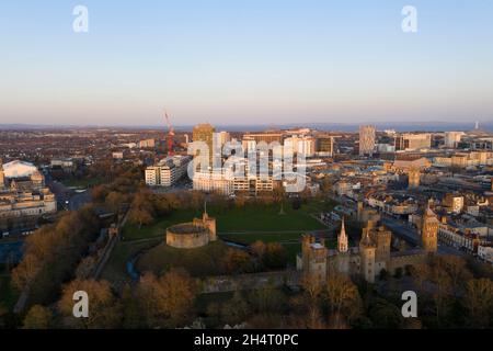 An aerial view of Cardiff City centre during the coronavirus pandemic showing the Principality Stadium and River Taff Stock Photo