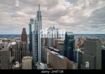 Philadelphia Skyline with Downtown Skyscrapers and Cityscape. Pennsylvania, USA. Reflection on Skyscrapers. Drone view of point. Stock Photo