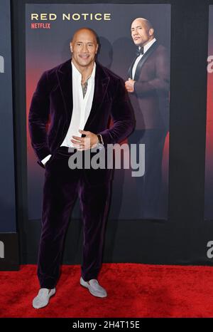 LOS ANGELES, CA - NOVEMBER 03: Dwayne Johnson attends the World Premiere Of Netflix's 'Red Notice' at L.A. LIVE on November 03, 2021 in Los Angeles, California. Stock Photo