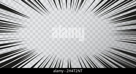 Manga effect action frame in comics book style. Black and white vector illustration of motion radial lines isolated on a transparent background Stock Vector