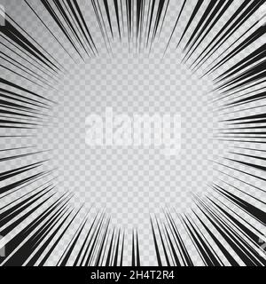 Manga effect action frame in comics book style. Black and white vector illustration of motion radial lines isolated on a transparent background Stock Vector