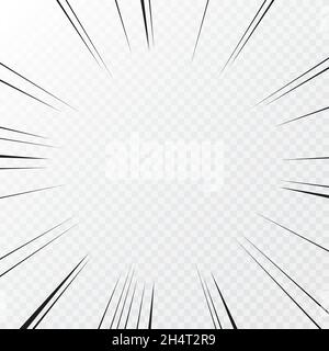 Manga effect action frame in comics book style. Black and white vector illustration of motion radial lines isolated on a transparent background Stock Vector