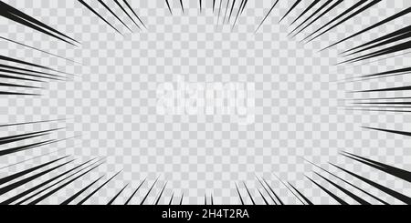 Manga effect action frame in comics book style. Black and white vector illustration of motion radial lines isolated on a transparent background Stock Vector