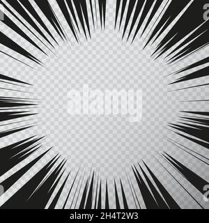 Manga effect action frame in comics book style. Black and white vector illustration of motion radial lines isolated on a transparent background Stock Vector