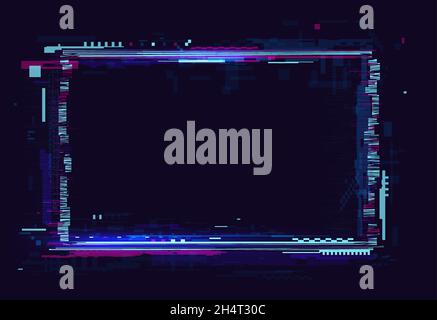 Glitch effect frame of rectangular shape vector illustration. Abstract rectangle digital technology, neon electric border, signal destruction on tv screen in cyberpunk style on dark background Stock Vector