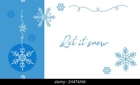 Let it snow card with snowflakes in blue and white colors. Continuous line drawing Let it snow background, banner, poster for christmas and new year Stock Vector