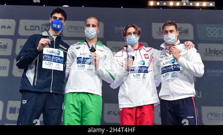 Kazan, Russia. 04th Nov, 2021. Gold Medal SZABO Szebasztian HUN Hungary Silver Medal ZAZZERI Lorenzo ITA Italy Bronze Medal JURASZEK Pawel POL Italy Bronze Medal MOROZOV Vladimir RUS Russia 50m Freestyle Men Podium Kazan - Russia 04/11/2021 Aquatics Palace LEN European Short Course Swimming Championships Photo Andrea Staccioli/Deepbluemedia/Insidefoto Credit: insidefoto srl/Alamy Live News Stock Photo