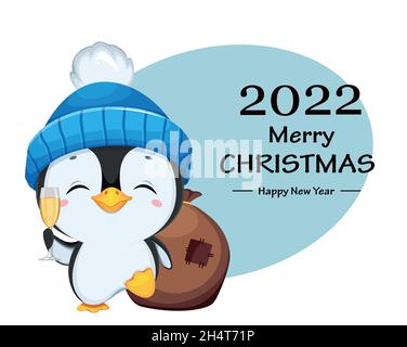 Merry Christmas greeting card with cute little penguin cartoon character. Funny penguin in blue hat holding a glass of champagne. Happy New Year. Stoc Stock Vector