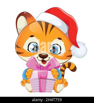 Merry Christmas. Cute little tiger holding gift box. Baby tiger cartoon character. Stock vector illustration on white background. Stock Vector