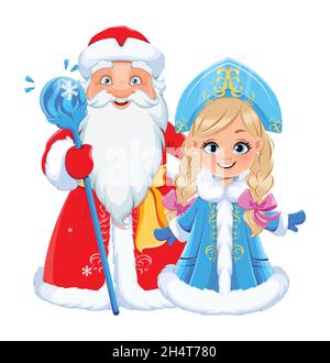 Happy New Year and Merry Christmas. Russian Father Frost (Santa Claus) and Snegurochka (Snow Maiden). Cute cartoon characters for holidays. Stock vect Stock Vector