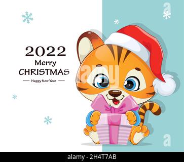 Merry Christmas greeting card. Cute little tiger holding gift box. Baby tiger cartoon character. Stock vector illustration on white background. Stock Vector