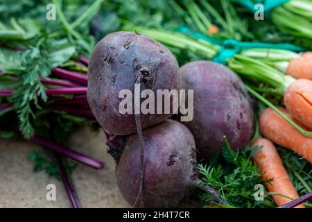 Beetroots and carrots for sale on a farmers market stall Stock Photo