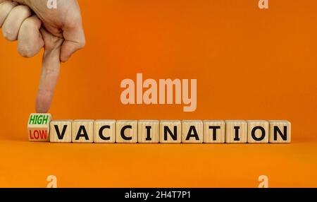 High or low vaccination symbol. Turned cubes and changed words 'low vaccination' to 'high vaccination'. Beautiful orange background, copy space. Medic Stock Photo