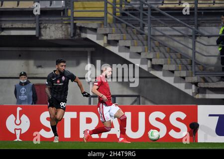 ZAPORIZHZHIA, UKRAINE - NOVEMBER 4, 2021 - Forward Allahyar Sayyadmanesh (L) of FC Zorya Luhansk is seen in action with a player of PFC CSKA-Sofia during the 2021/2022 UEFA Europa Conference League Matchday 4 Group C game at the Slavutych Arena, Zaporizhzhia, southeastern Ukraine. Stock Photo