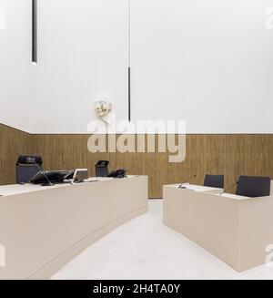 Courtroom interior view. Courthouse Amsterdam, Amsterdam, Netherlands. Architect: KAAN, 2021. Stock Photo