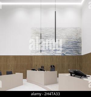 Courtroom interior view. Courthouse Amsterdam, Amsterdam, Netherlands. Architect: KAAN, 2021. Stock Photo