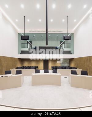 Courtroom interior view. Courthouse Amsterdam, Amsterdam, Netherlands. Architect: KAAN, 2021. Stock Photo