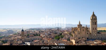Aerial panoramic view cityscape of Ávila with old architecture and Cathedral, located in autonomous community of Castilla and Leon.  Travel destinatio Stock Photo