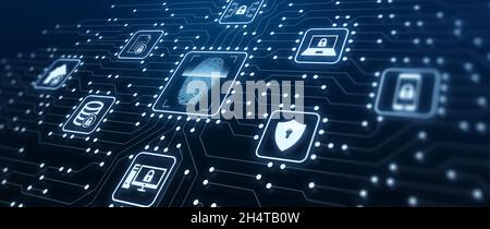 Fingerprint authentication to access secured computer network and digital system. Cyber security with biometrics technology. Illustration with icons a Stock Photo