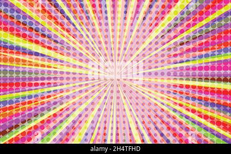 Pop art radial colorful comics book magazine cover. Striped rainbow digital background. Cartoon funny retro pattern strip mock up. Vector halftone Stock Vector