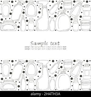 Coloring rectangular frame made of elements. Set of bathroom elements in hand draw style. Collection of cans, packages, tubes. Antiseptic, toothpaste, Stock Vector