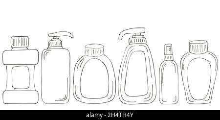 Coloring set of design elements. Set of bathroom elements in hand draw style. Collection of cans, packages, tubes. Antiseptic, toothpaste, gel Stock Vector
