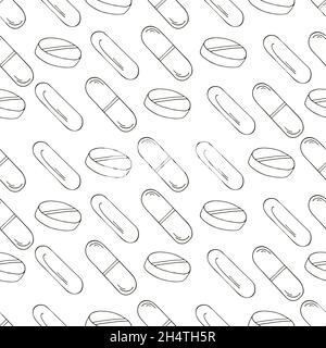 Coloring Seamless pattern. Cartoon medical drugs in hand draw style. Background for packaging, advertising Stock Vector