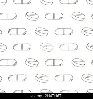 Coloring Seamless pattern on a white background. Cartoon medical drugs in hand draw style. Background for packaging Stock Vector